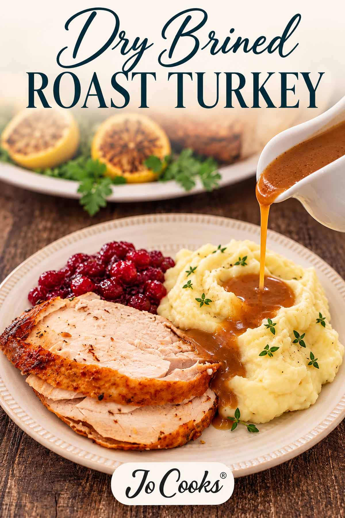 Gravy pouring over mashed potatoes beside sliced turkey and cranberry sauce, with Dry Brined Roast Turkey text and Jo Cooks logo.