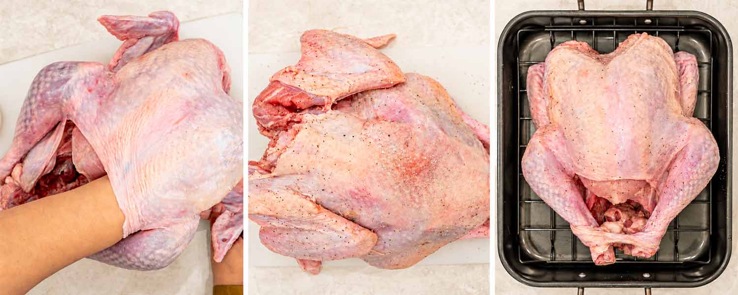 Three photos showing turkey skin being loosened, salt and pepper applied, and the seasoned bird on a roasting rack.