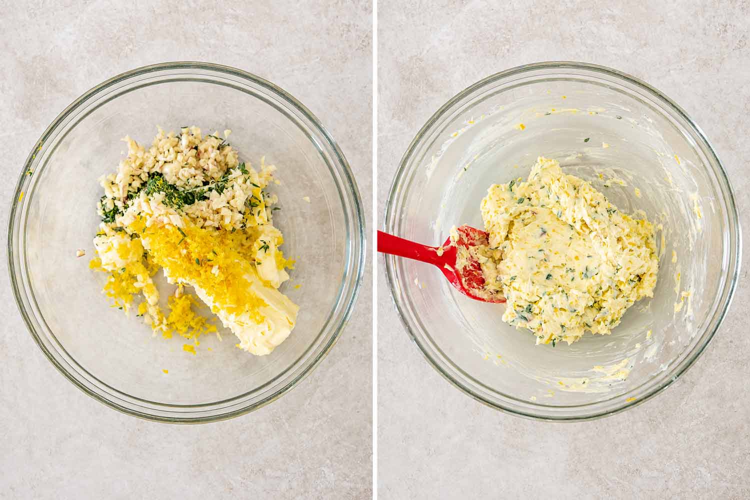 Softened butter, minced garlic, lemon zest, and chopped thyme in a glass bowl, before and after mixing with a spatula.