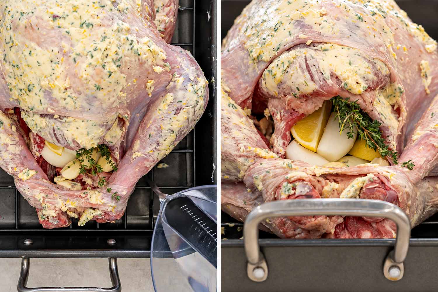 Two close views of buttered raw turkey with onion, lemon, garlic, and thyme loosely filling the cavity before roasting.