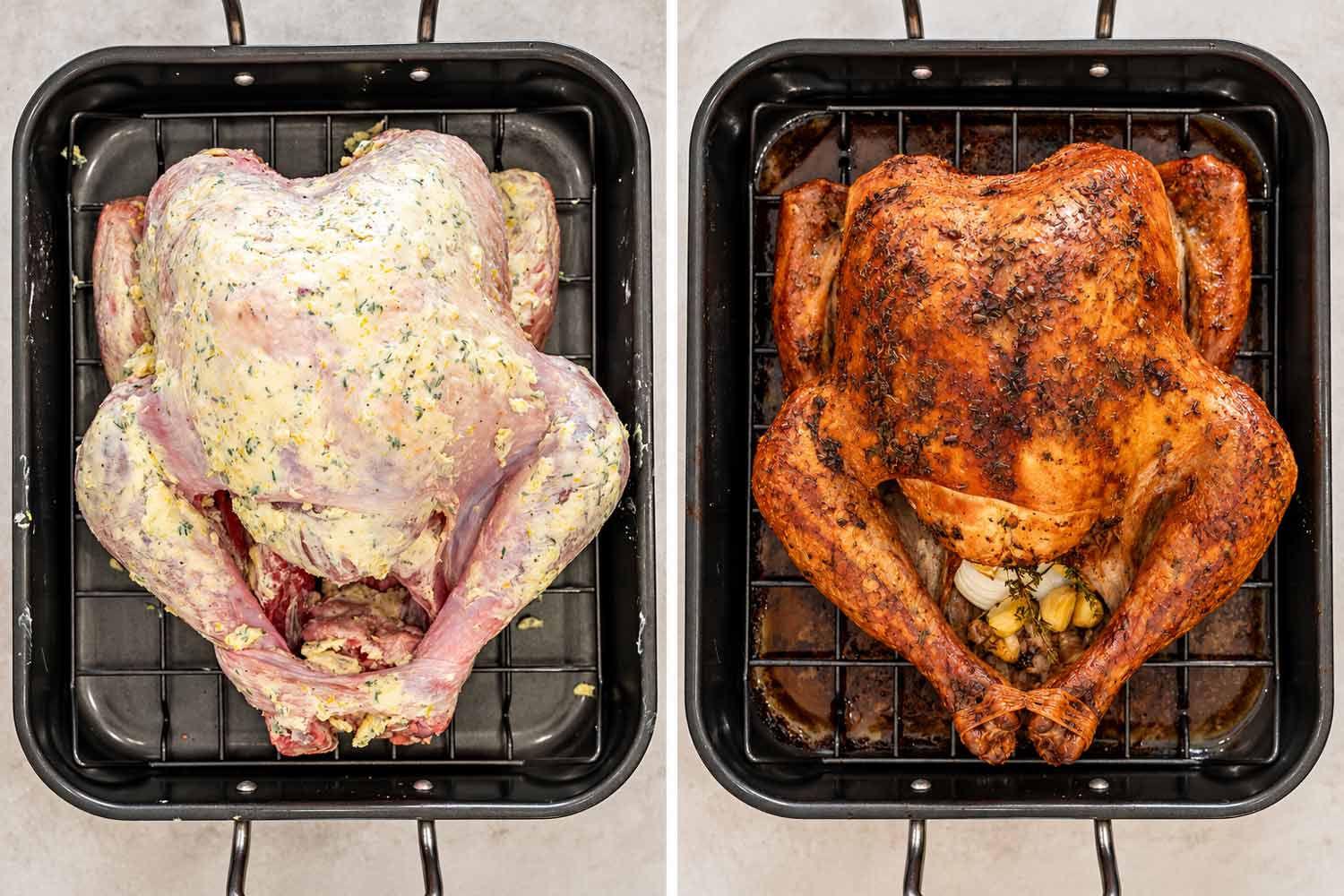 Side by side overhead views of buttered raw turkey and golden roasted turkey on a rack in a roasting pan.