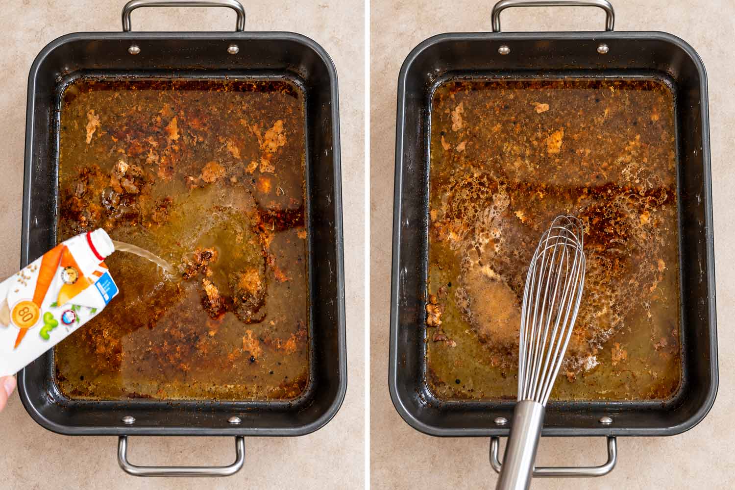 Chicken broth being poured into turkey drippings in a roasting pan, followed by a whisk loosening the browned bits.