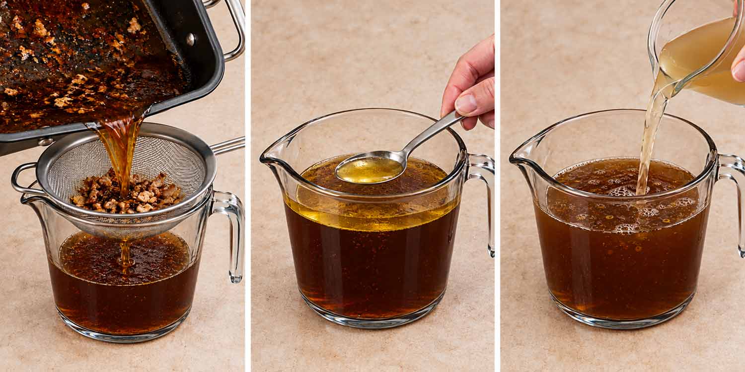 Three photos showing turkey drippings strained through a sieve, golden fat skimmed from the surface, and chicken broth added.