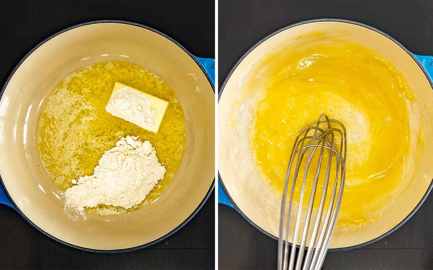Two overhead photos showing flour added to melted butter, then whisked into a pale golden roux in a blue saucepan.