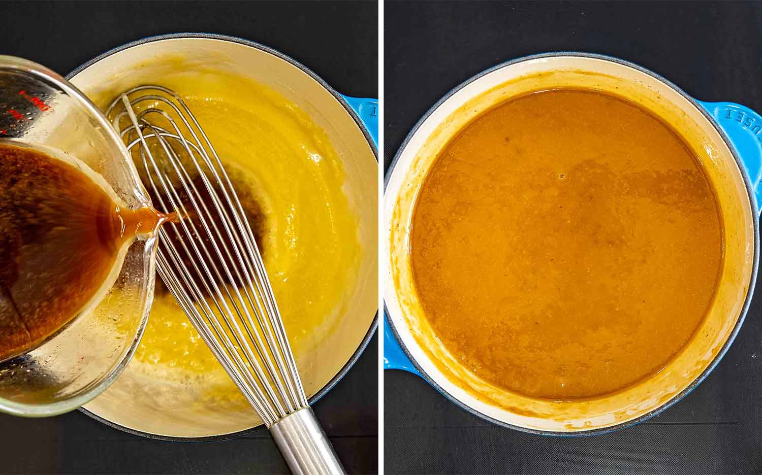Turkey drippings being poured into a butter and flour roux beside a second view of smooth brown gravy in the saucepan.