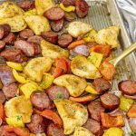 fresh out of the one sausage and pierogies on a sheet pan.