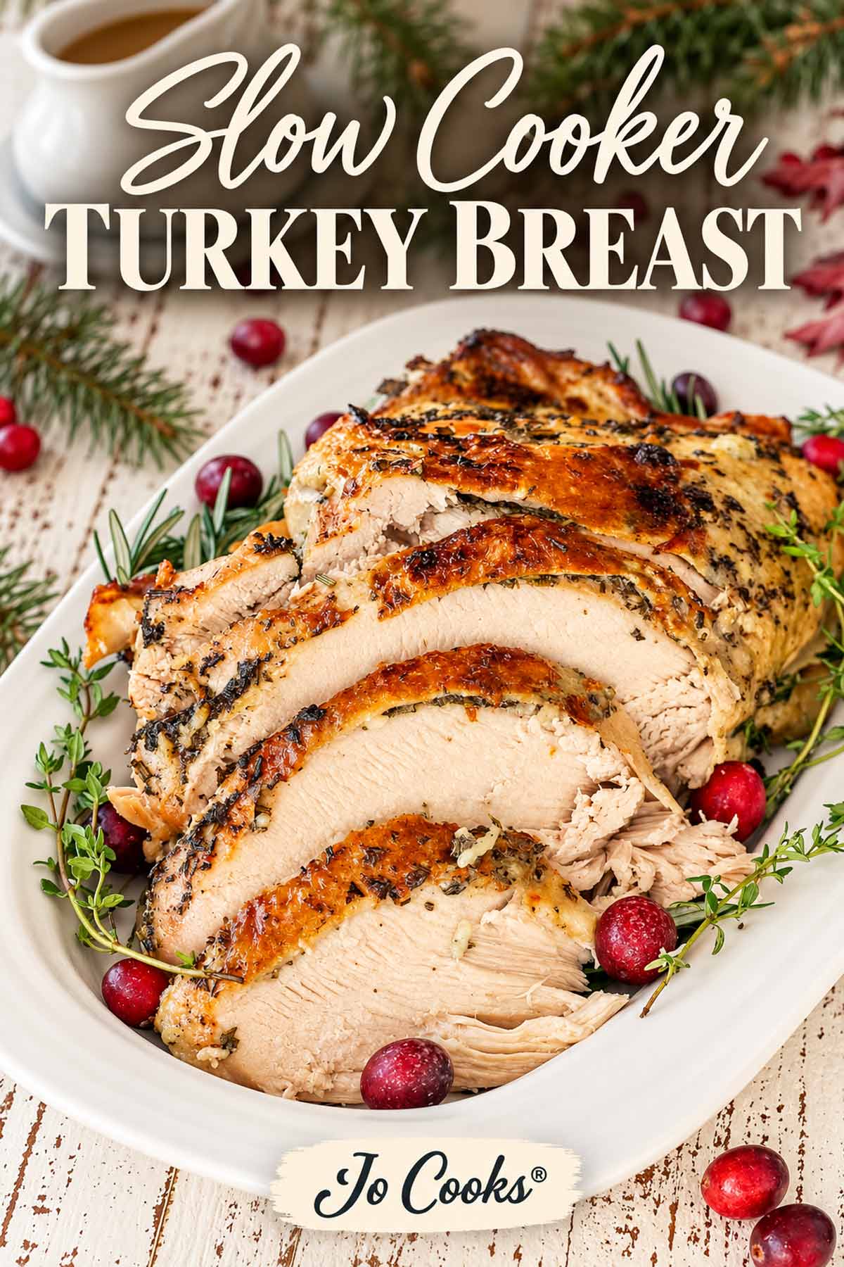 Pinterest image of sliced slow cooker turkey breast on a platter with cranberries, herbs, and an elegant recipe title.