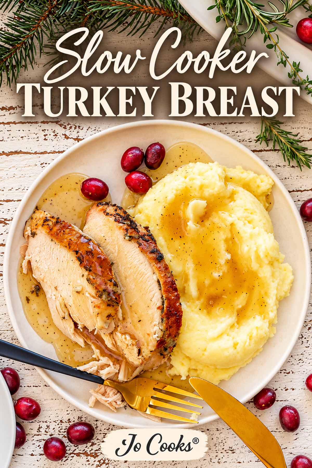 Pinterest image of slow cooker turkey breast with mashed potatoes, gravy, cranberries, holiday greenery, and the Jo Cooks® logo.