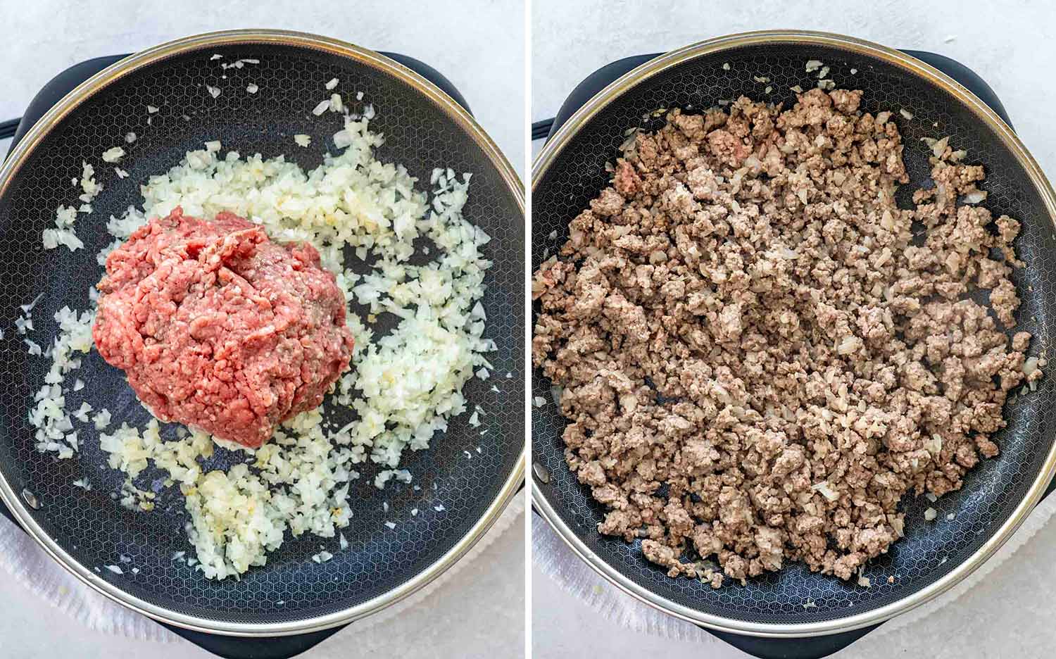 process shots showing how to make beef potato roll.