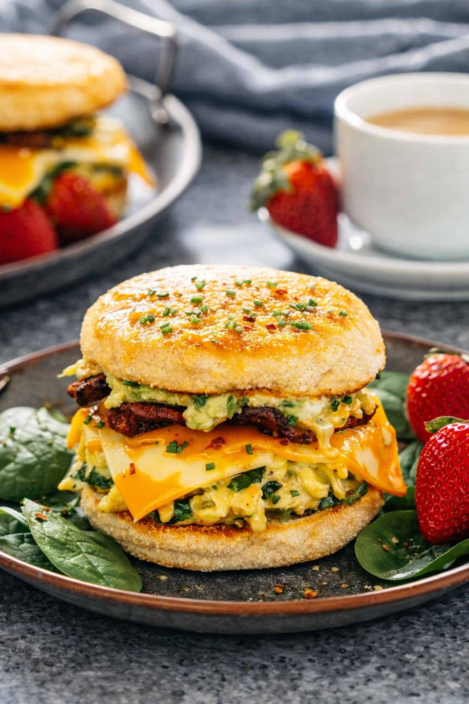 a breakfast sandwich on a metal plate with strawberries on the side.