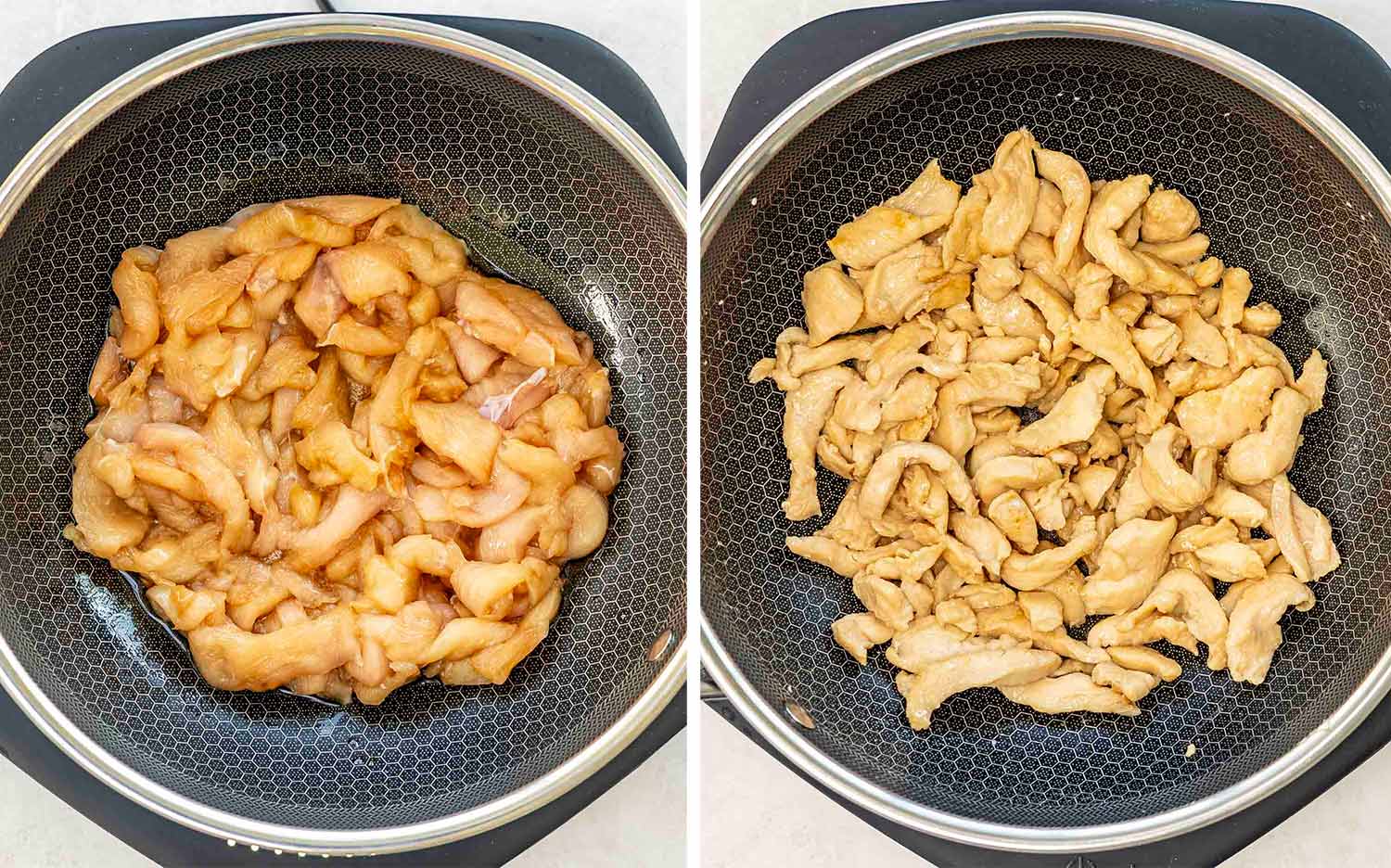 process shots showing how to make chicken green bean stir fry.