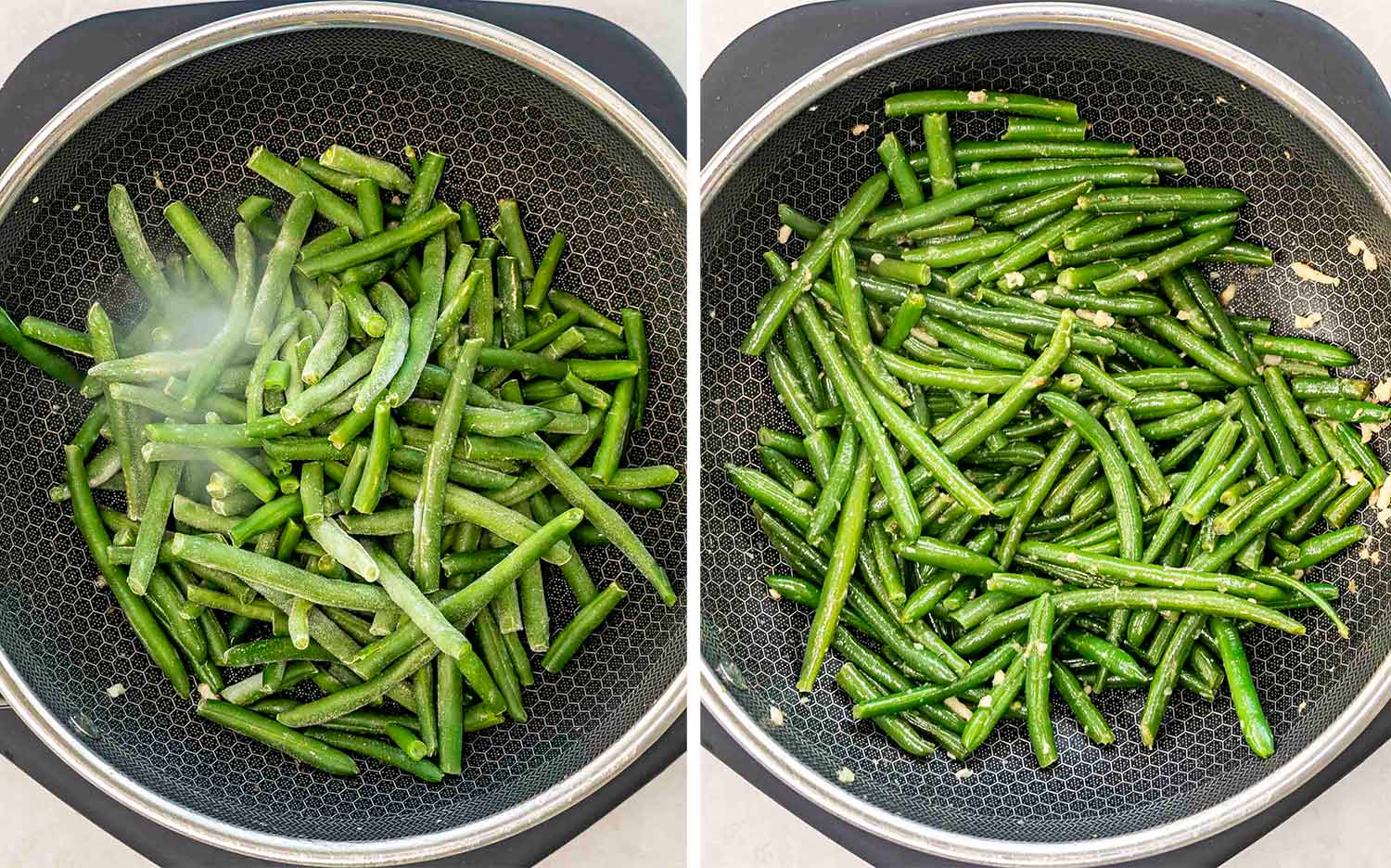 process shots showing how to make chicken green bean stir fry.