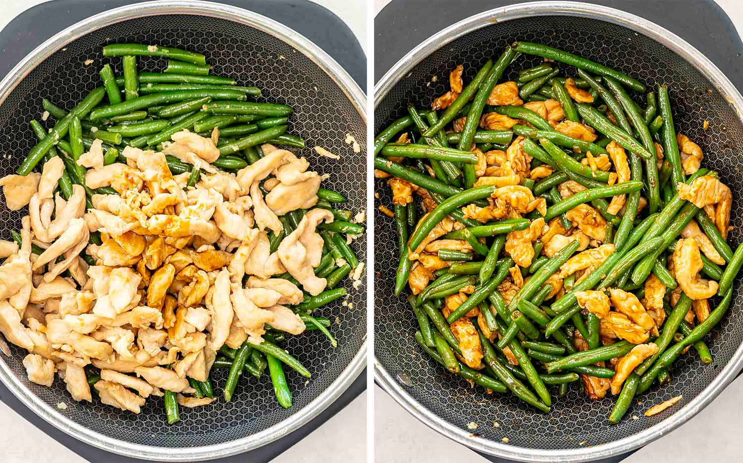 process shots showing how to make chicken green bean stir fry.