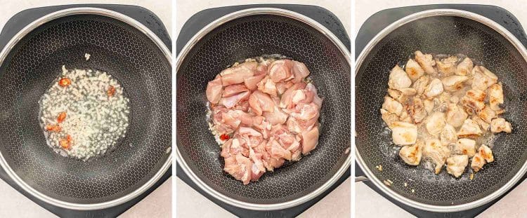 process shots showing how to make drunken noodles.