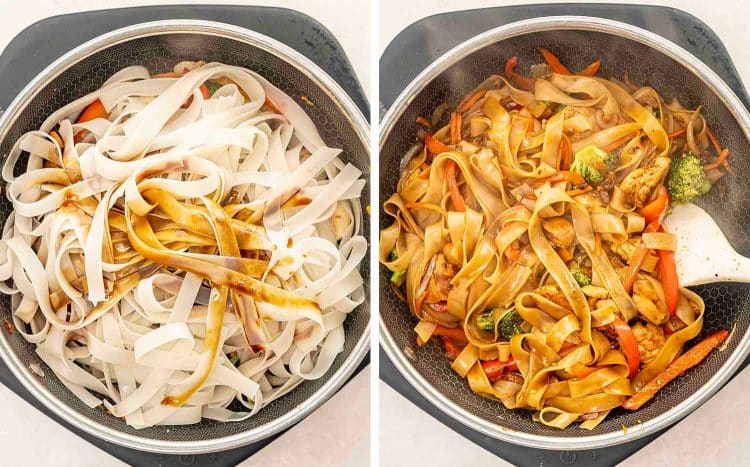 process shots showing how to make drunken noodles.