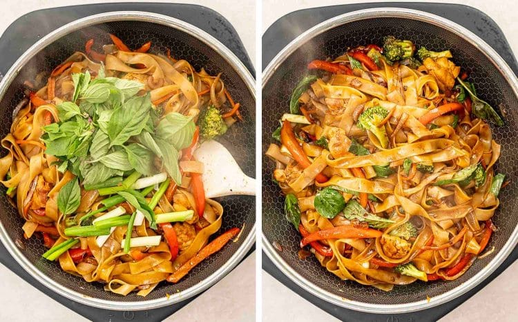 process shots showing how to make drunken noodles.