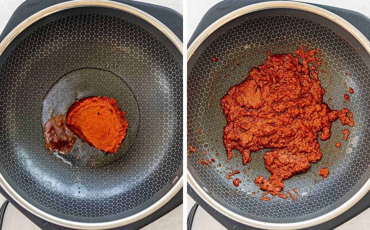 process shots showing how to make panang chicken curry.