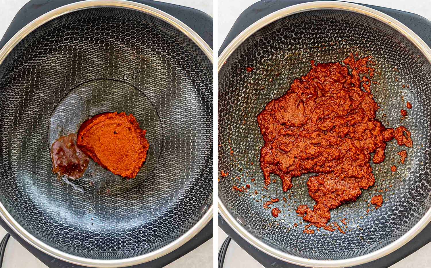 process shots showing how to make panang chicken curry.