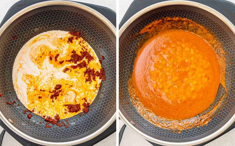 process shots showing how to make panang chicken curry.