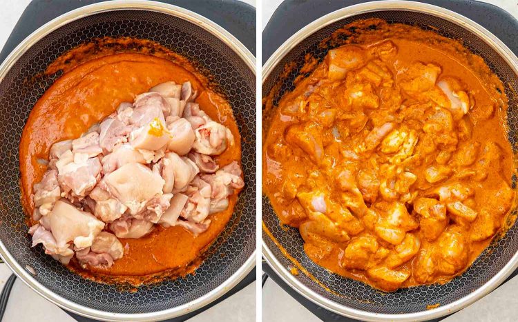 process shots showing how to make panang chicken curry.