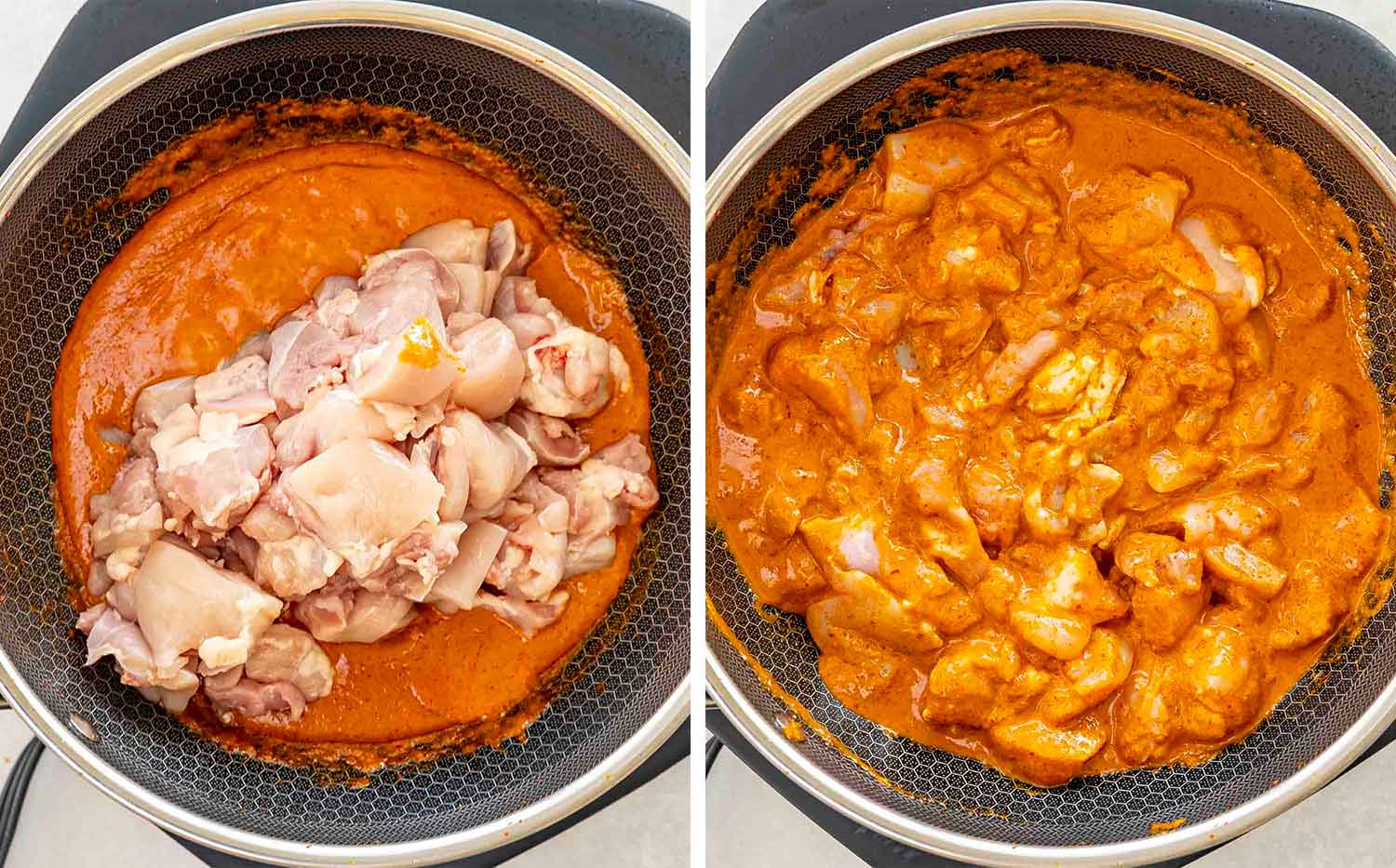 process shots showing how to make panang chicken curry.