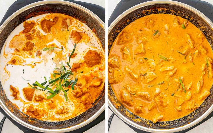 process shots showing how to make panang chicken curry.