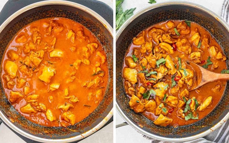 process shots showing how to make panang chicken curry.