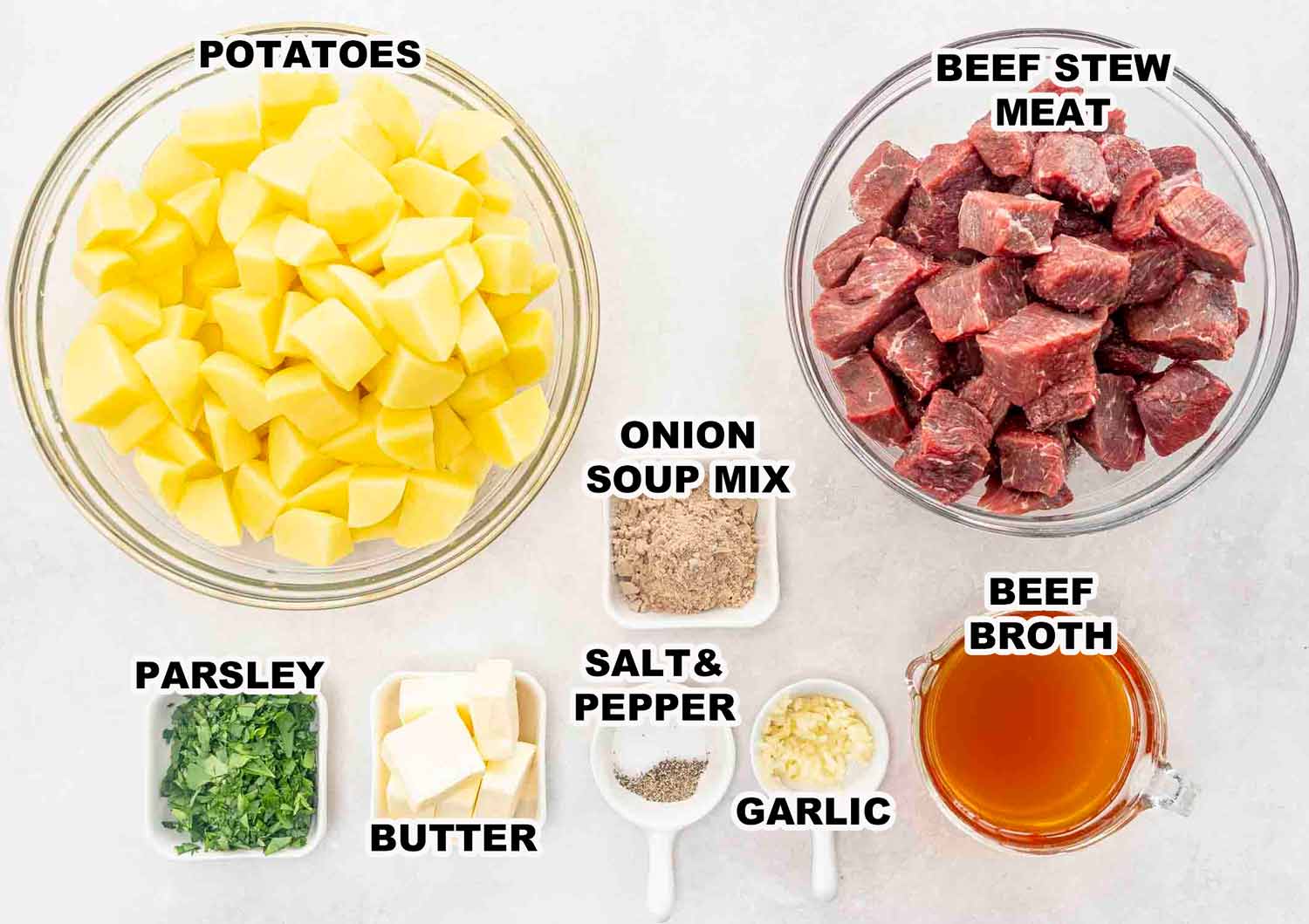 ingredients needed to make slow cooker steak and potatoes.