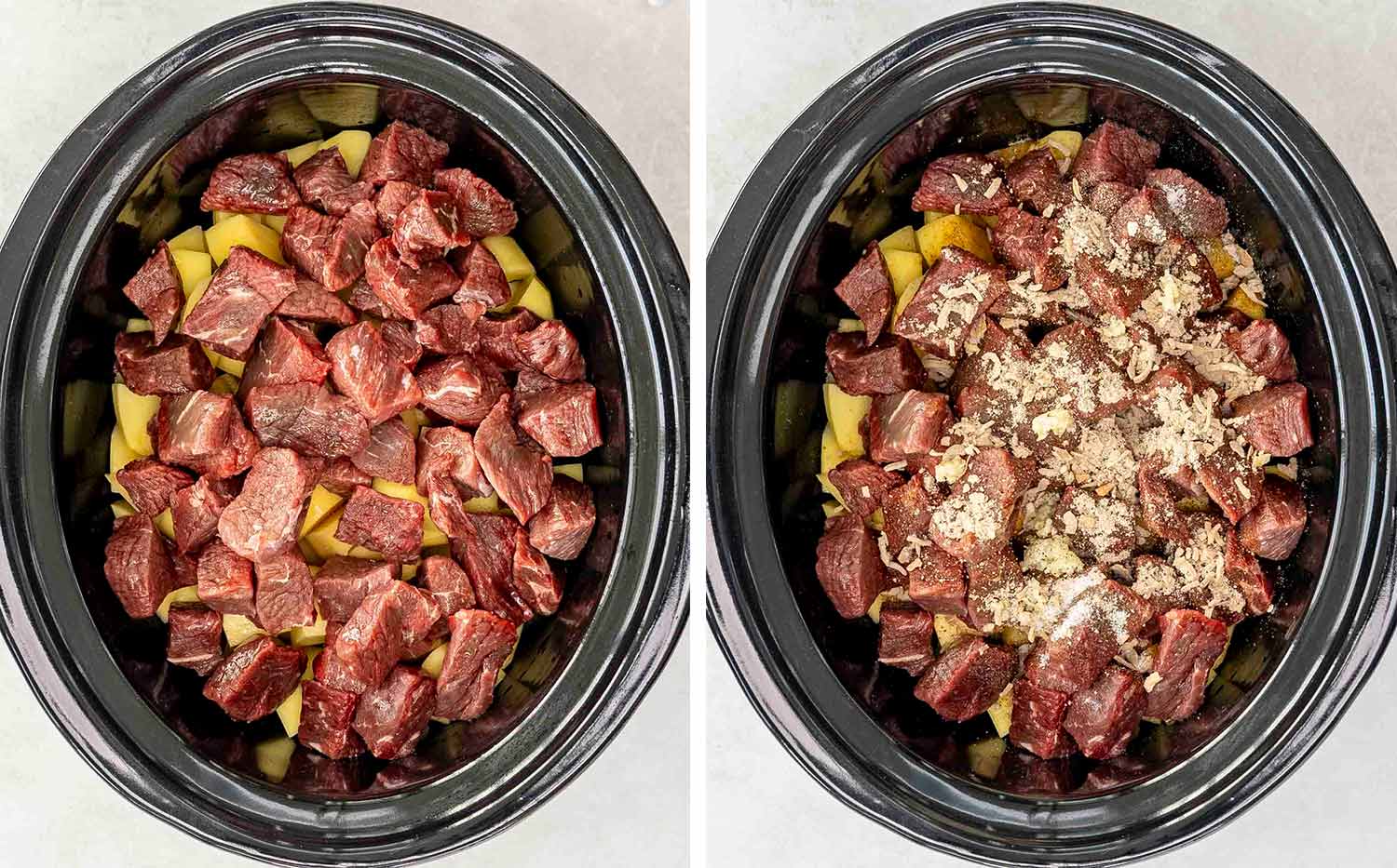 process shots showing how to make slow cooker steak and potatoes.