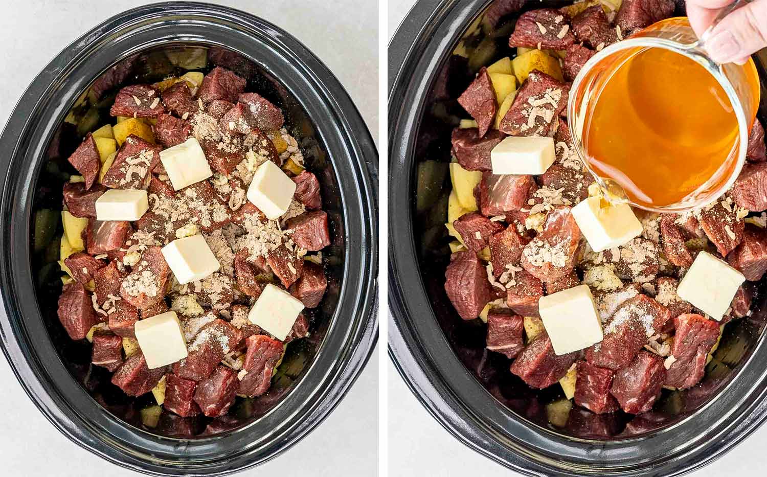 process shots showing how to make slow cooker steak and potatoes.