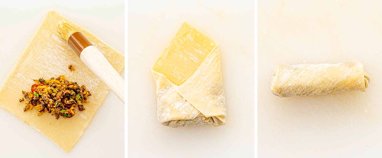 process shots showing how to make beef taco egg rolls.