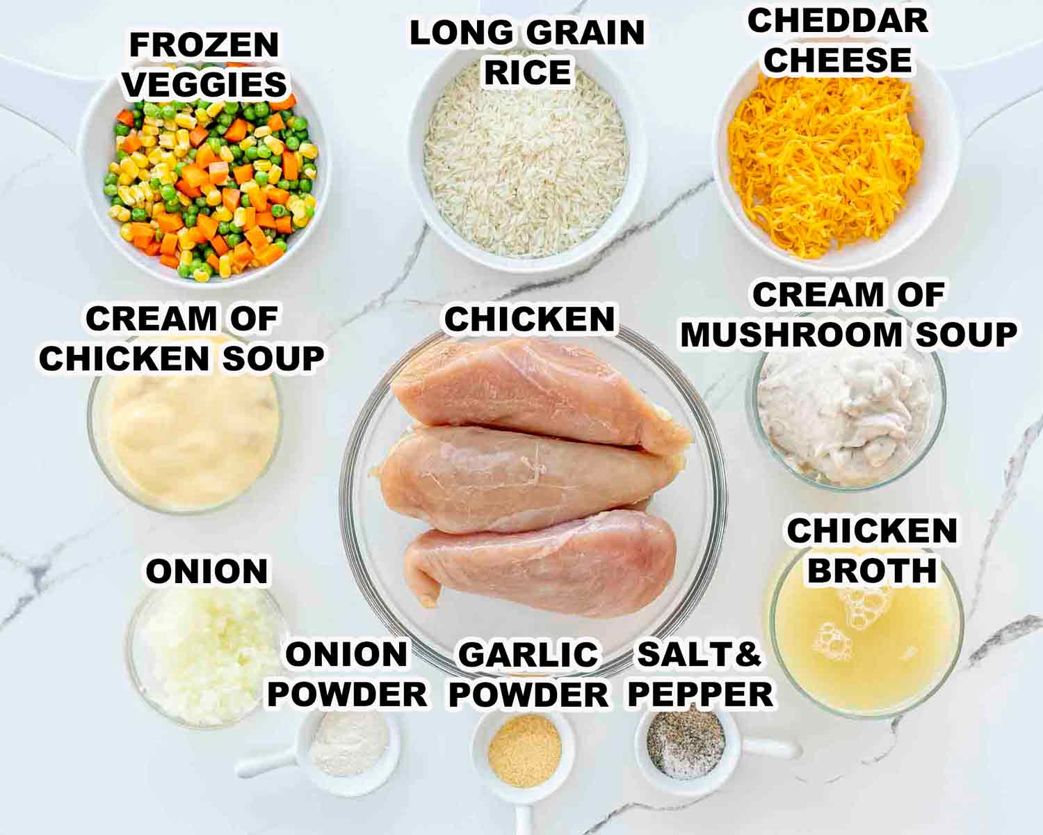 ingredients needed to make chicken and rice casserole.