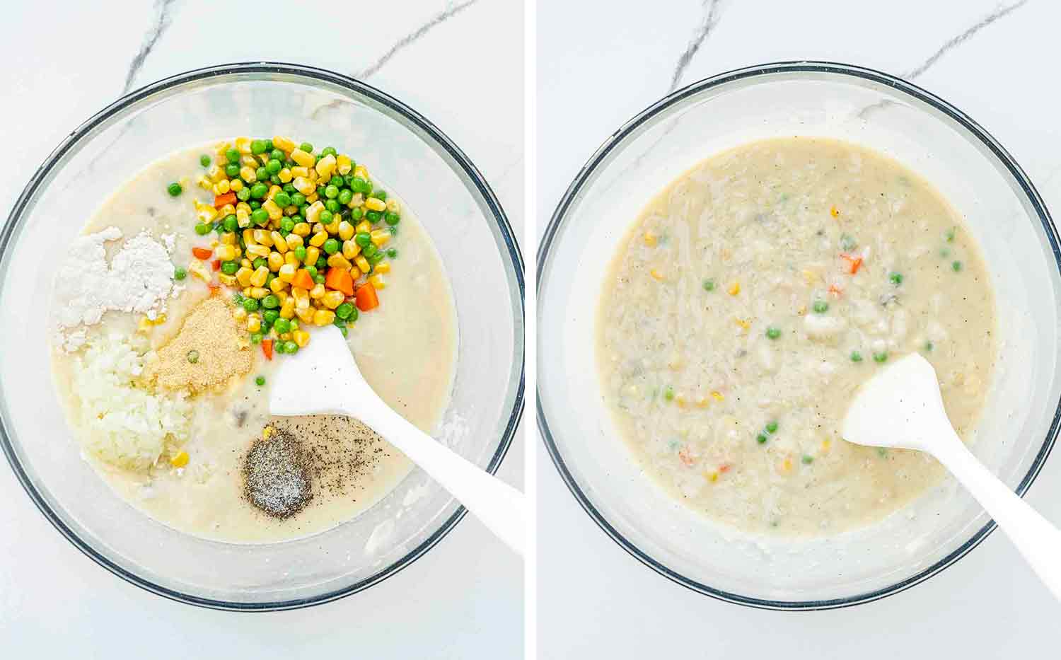 process shots showing how to make chicken and rice casserole.