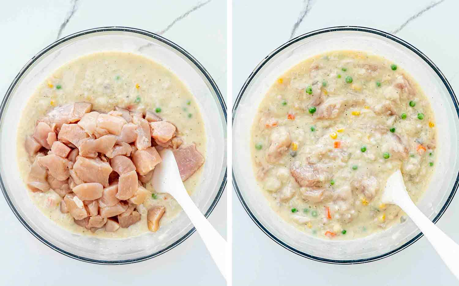 process shots showing how to make chicken and rice casserole.