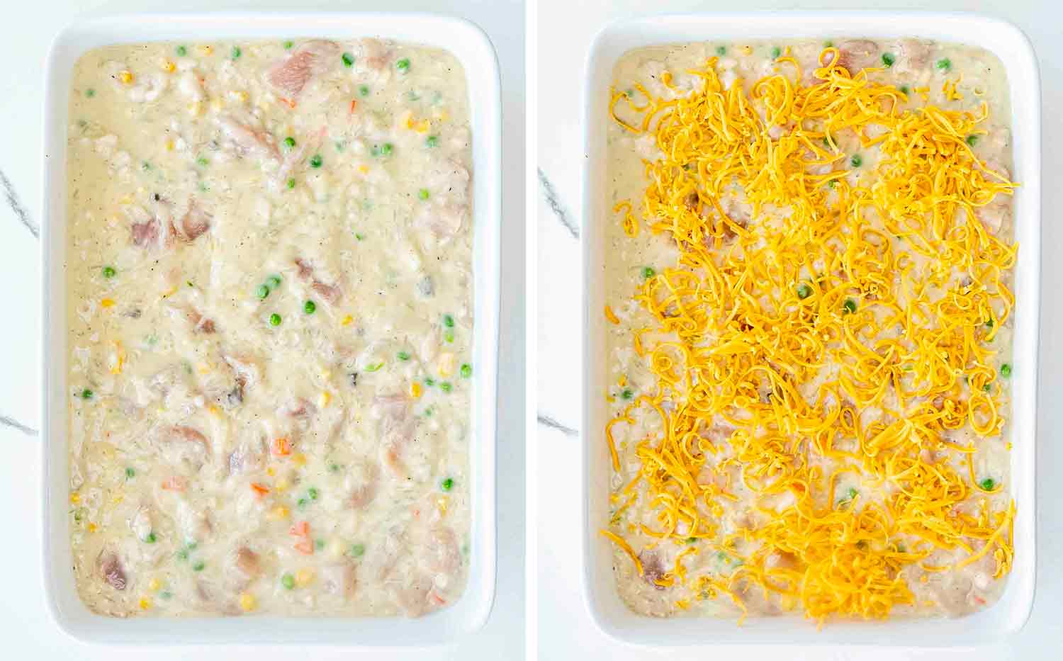 process shots showing how to make chicken and rice casserole.