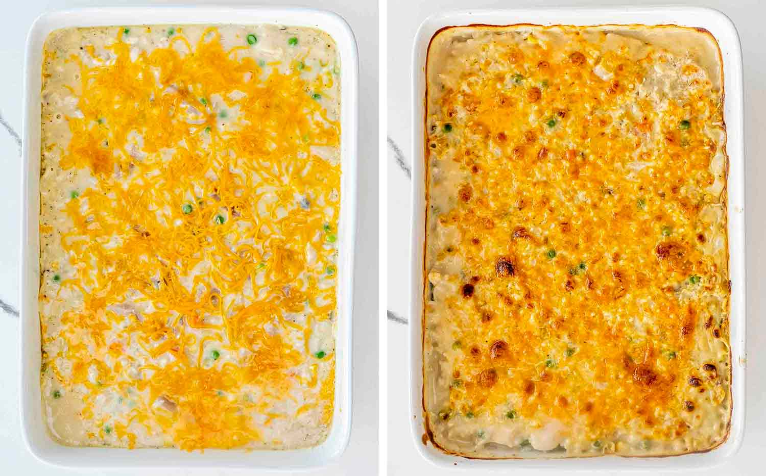 process shots showing how to make chicken and rice casserole.