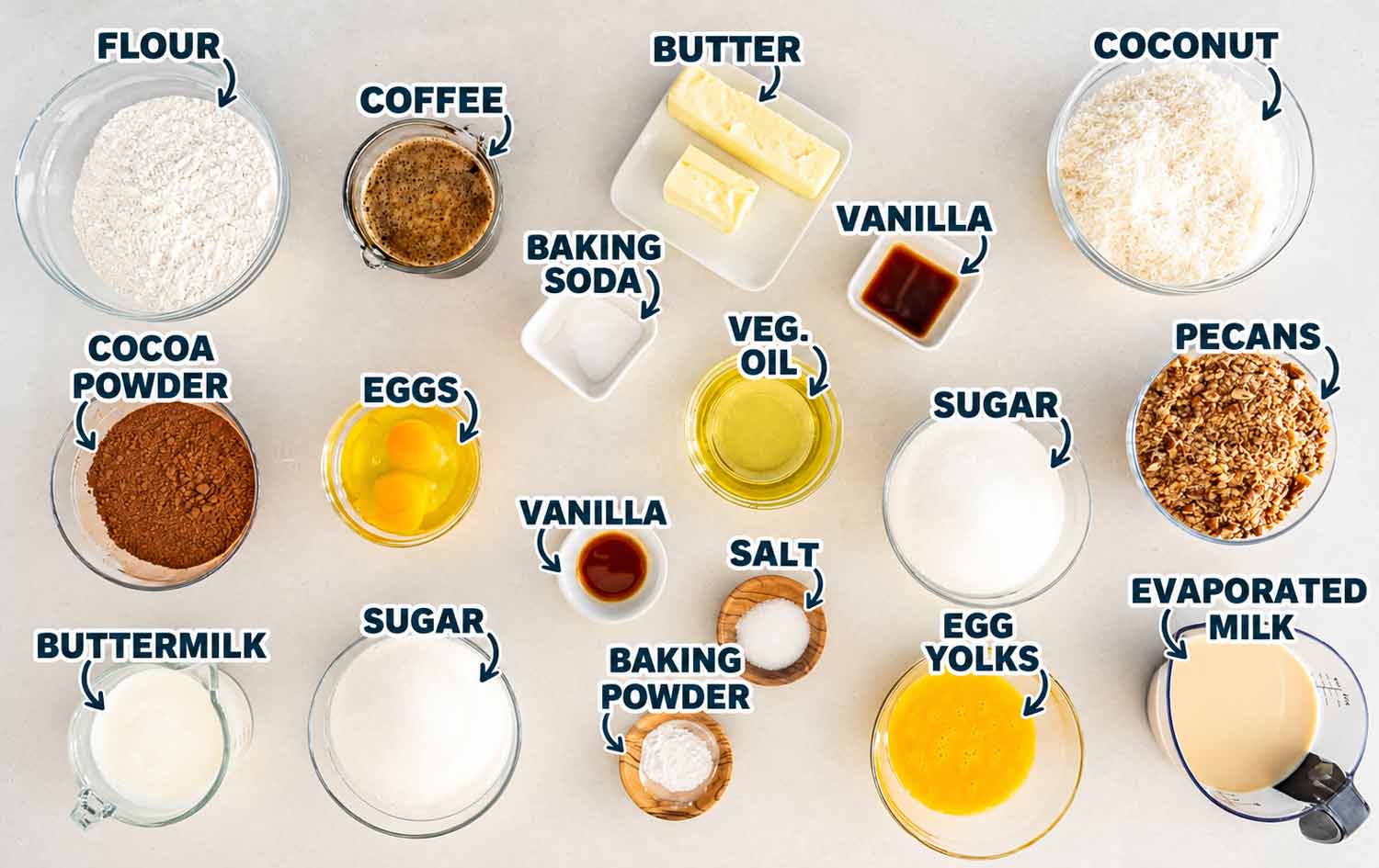Labeled ingredients for German chocolate cake arranged in bowls, including cocoa, flour, coconut, pecans, eggs, and butter.