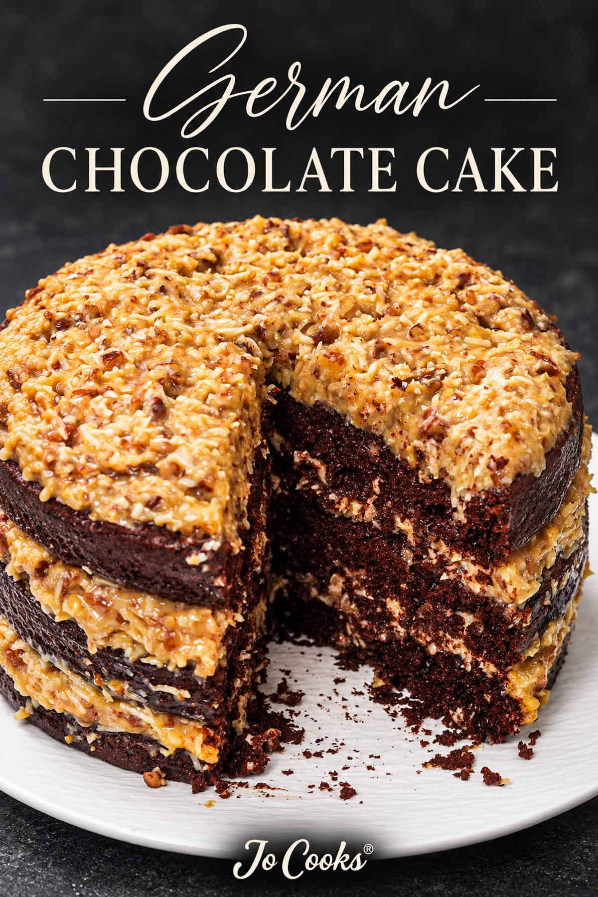 German chocolate layer cake with a slice removed, coconut pecan frosting, recipe title, and Jo Cooks logo.