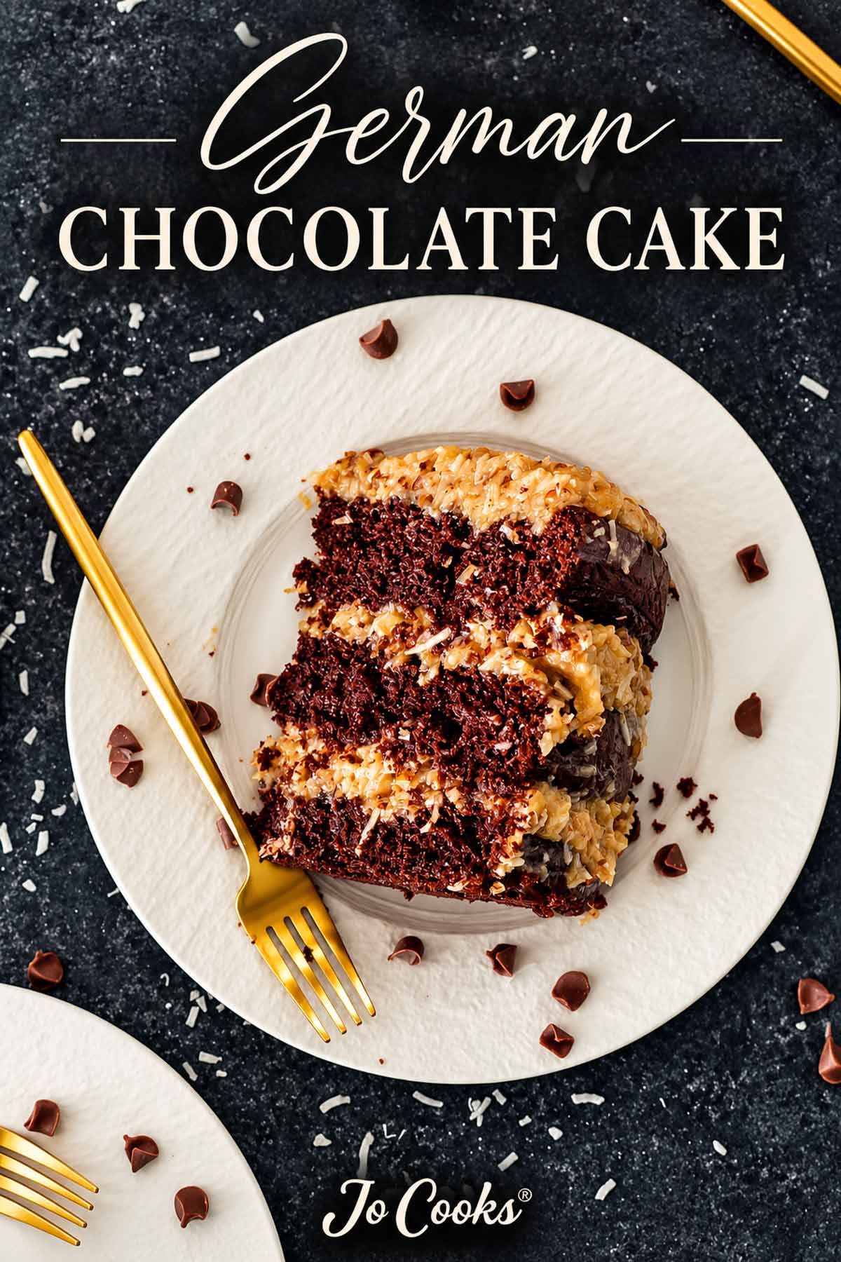 Overhead view of a German chocolate cake slice and gold fork beneath the recipe title and Jo Cooks logo.