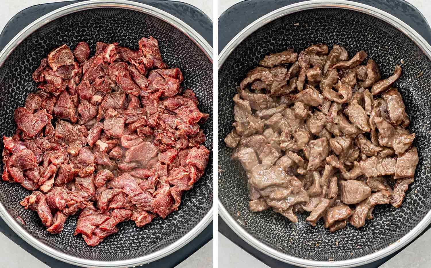 process shots showing how to make spicy beef noodles.