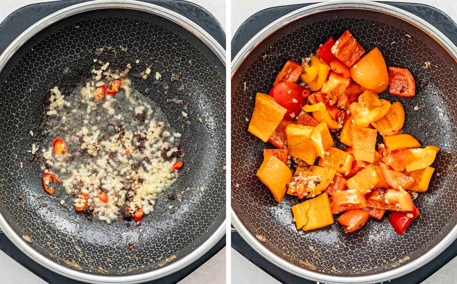process shots showing how to make spicy beef noodles.