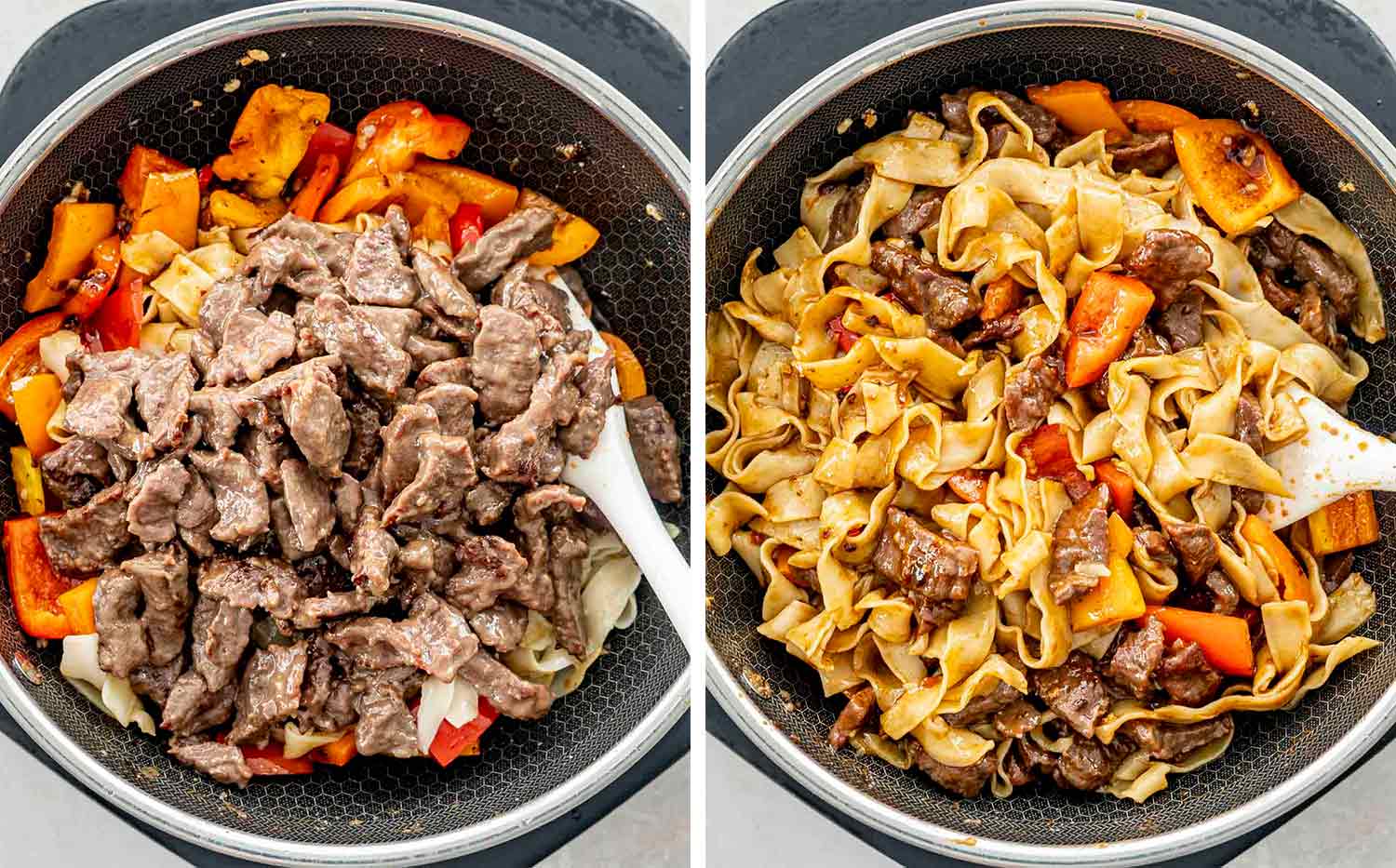 process shots showing how to make spicy beef noodles.