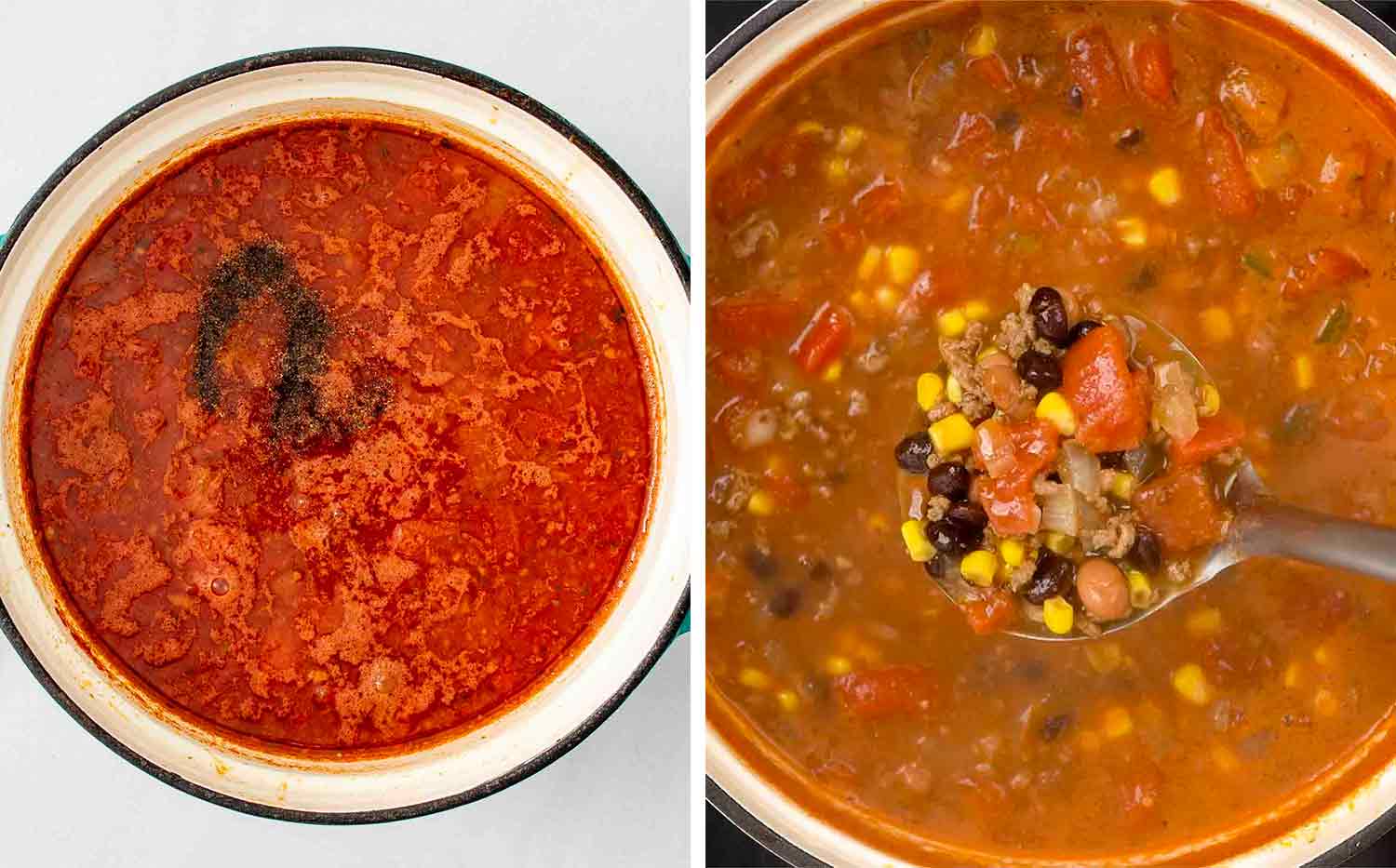 process shots showing how to make taco soup.