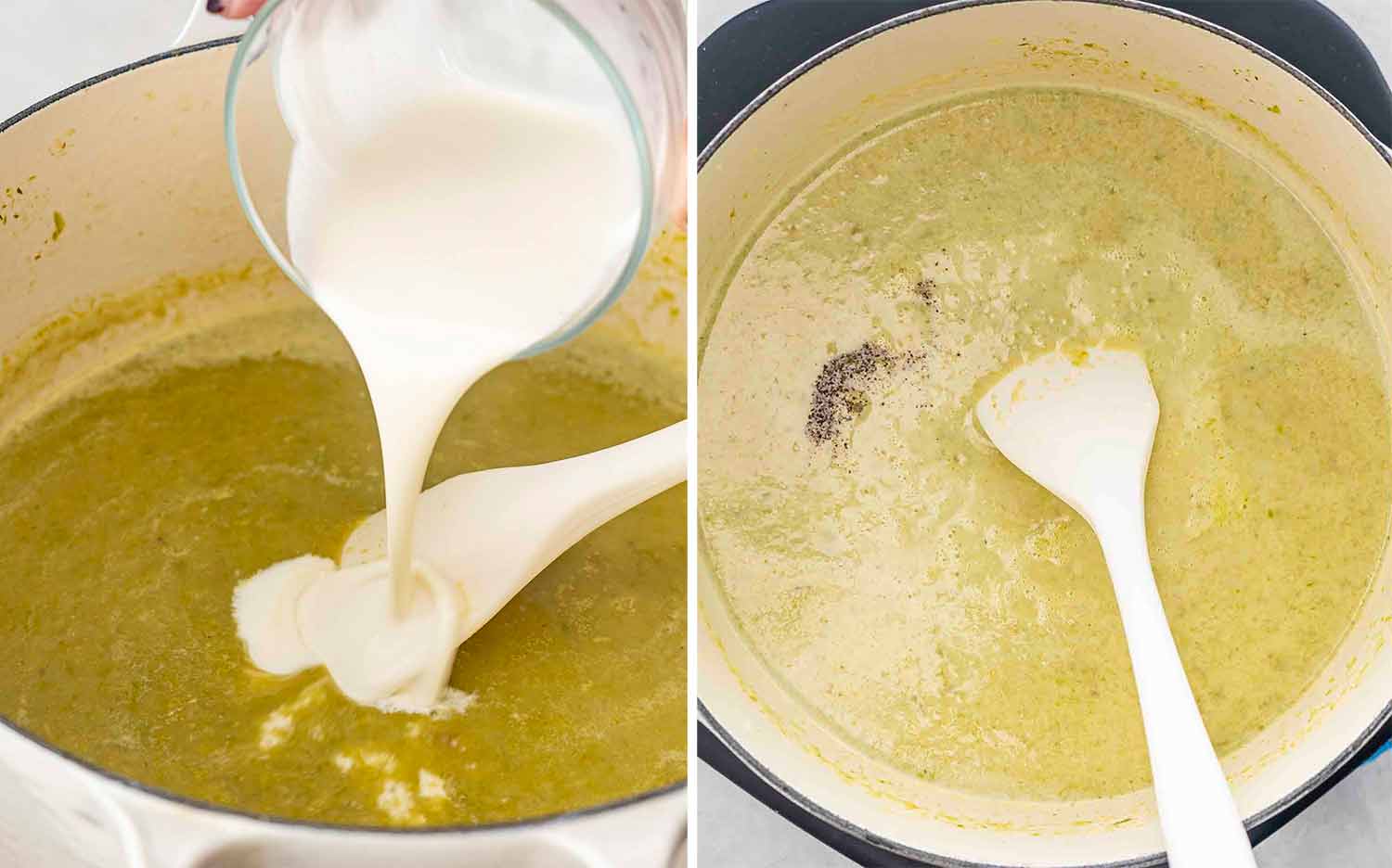 process shots showing how to make asparagus soup.