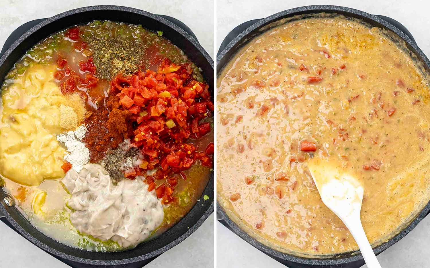 process shots showing how to make chicken spaghetti.
