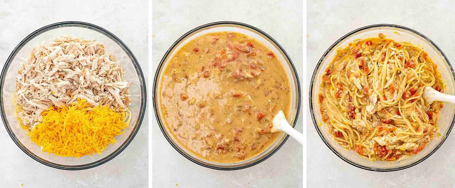 process shots showing how to make chicken spaghetti.