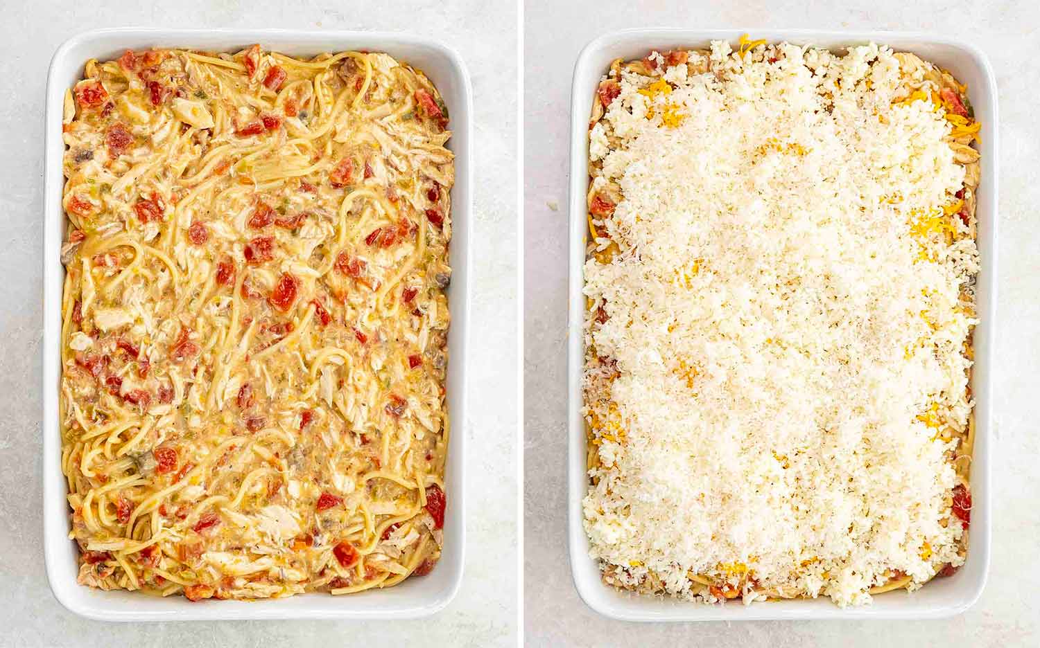 process shots showing how to make chicken spaghetti.