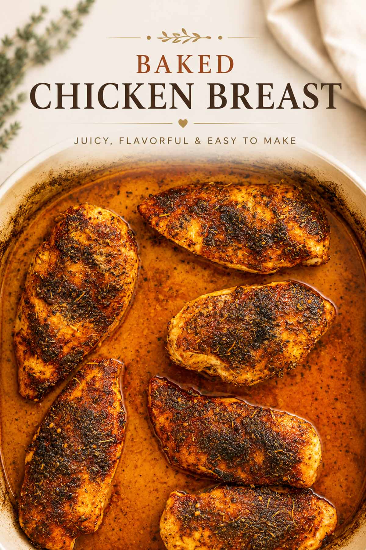baked chicken breast in a white casserole dish.