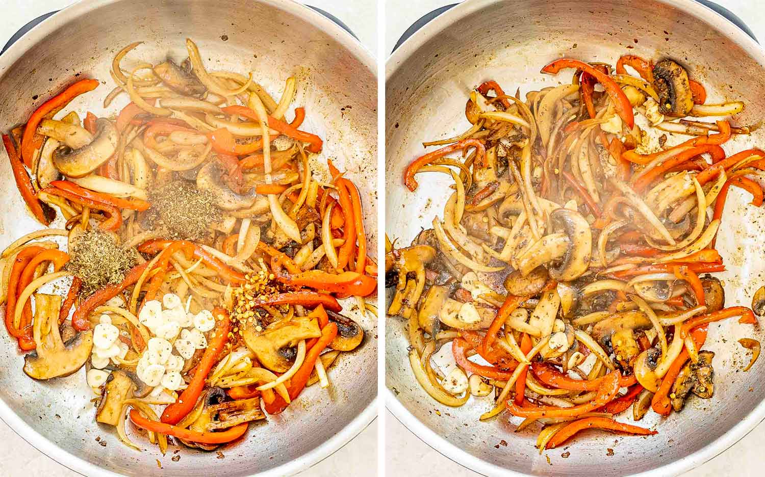 process shots showing how to make steak pizzaiola.