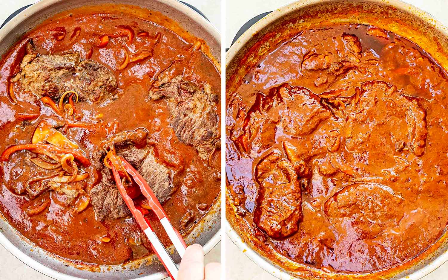 process shots showing how to make steak pizzaiola.